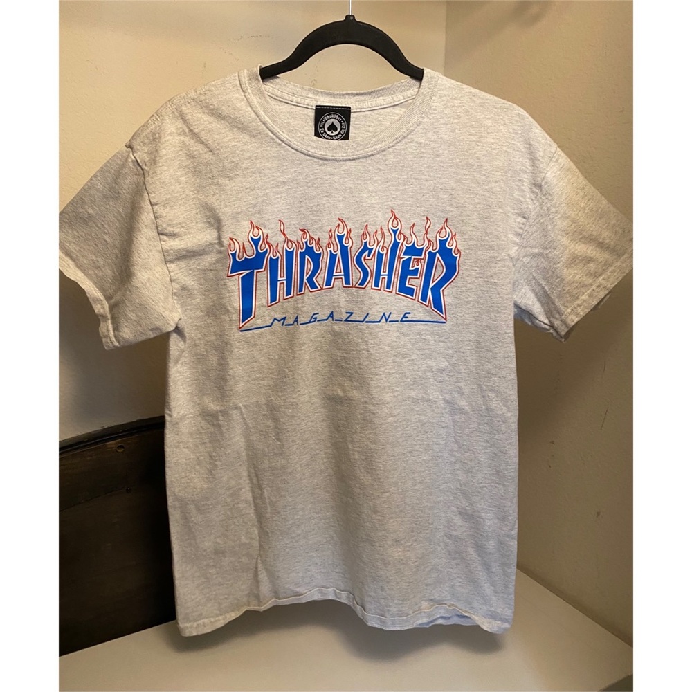 Thrasher Men’s White T-Shirt w/ Blue & Red Logo